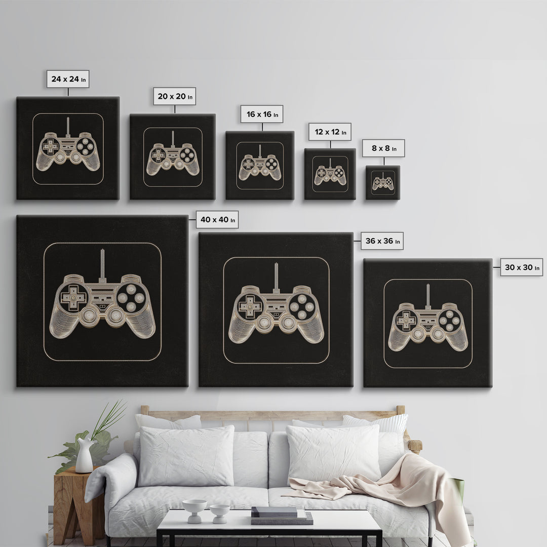 Neon Game Controller Icon on Black Background Framed Canvas Print, Basement Art, Luxury Decor, Living Room Decor, Oil Painting, BAS-1x1-93
