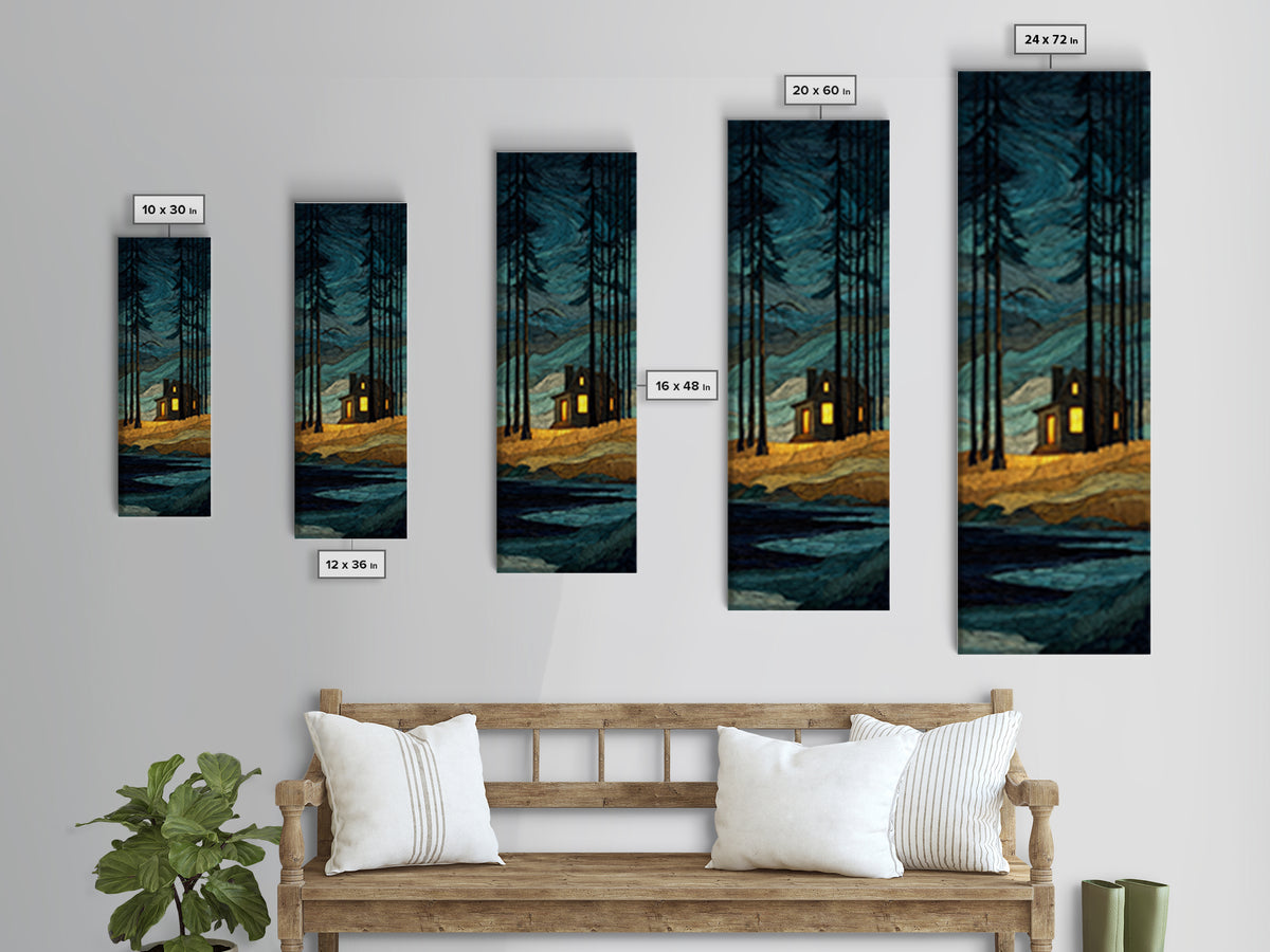Forest Cabin Night Scene Canvas Print, Basement Art, Canvas, Living Room Decor, Retreat, Bar Art, Digital Art Download, BAS-1x3-27