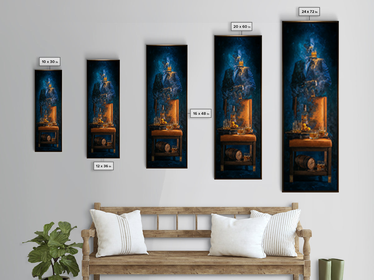 Whiskey Barrel and Leather Chair Mood Painting Framed Canvas Print, Basement Art, Game Room Decor, Living Room Decor, Retreat, BAS-1x3-46