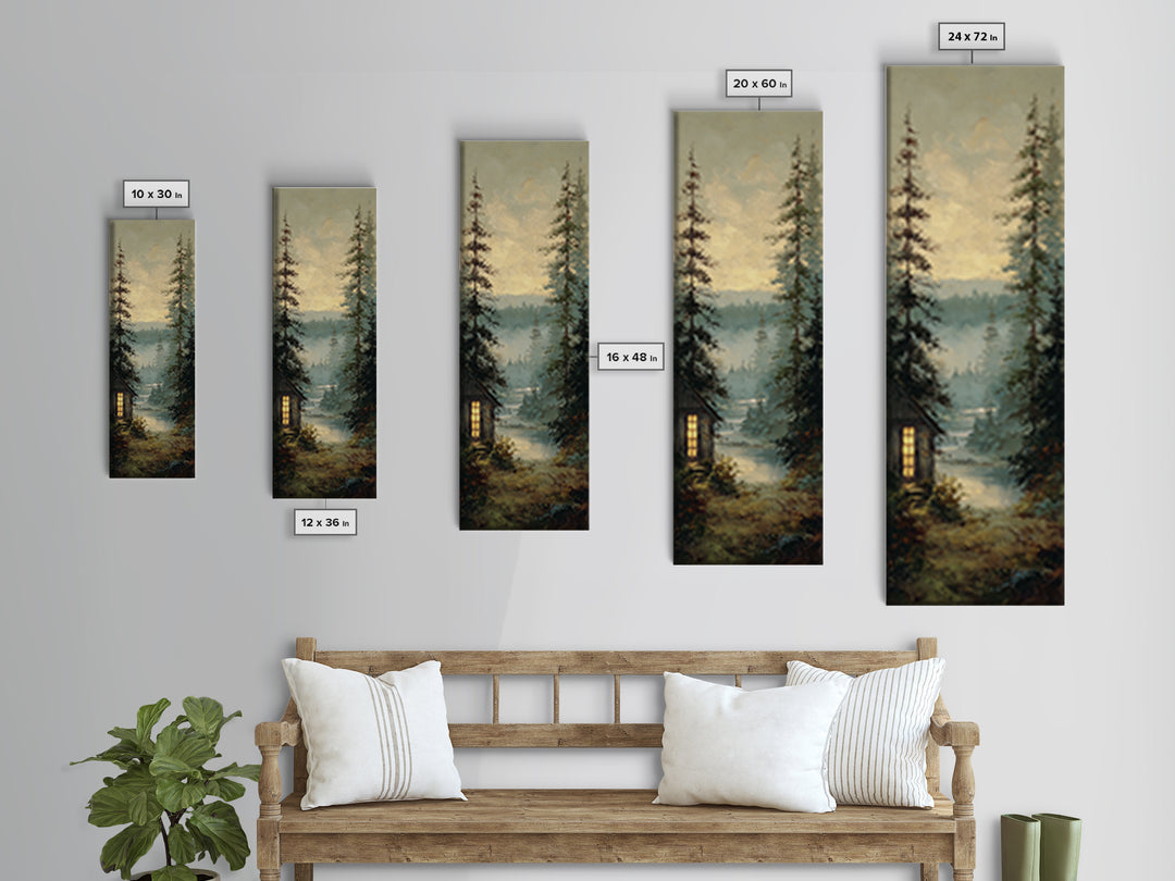 Forest Cabin Night Scene Canvas Print, Basement Art, Bar Decor, Living Room Decor, Fine Art, Retreat, Game Room Decor, BAS-1x3-51
