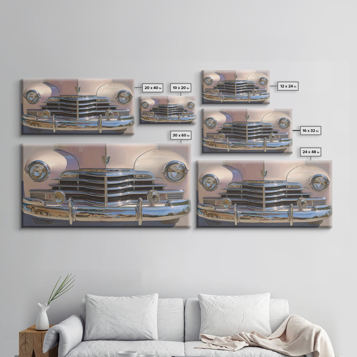 Classic Car Front Grill Closeup Framed Canvas Print, Basement Art, Statement Artwork, Living Room Decor, Fine Art, Retreat, BAS-2x1-18