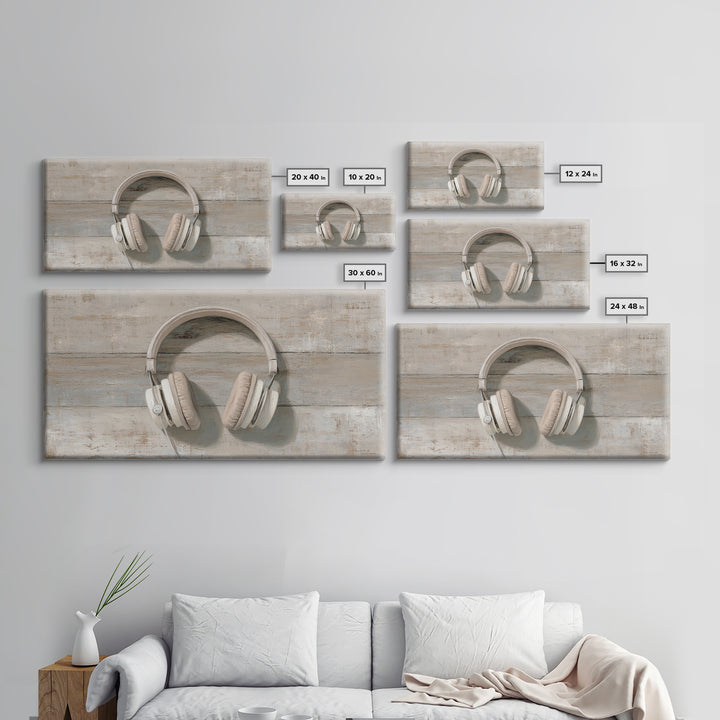 Vinyl Record and Headphones on Worn Wood Canvas Print, Basement Art, Classroom Decor, Living Room Decor, Oil Painting, Retreat, BAS-2x1-53