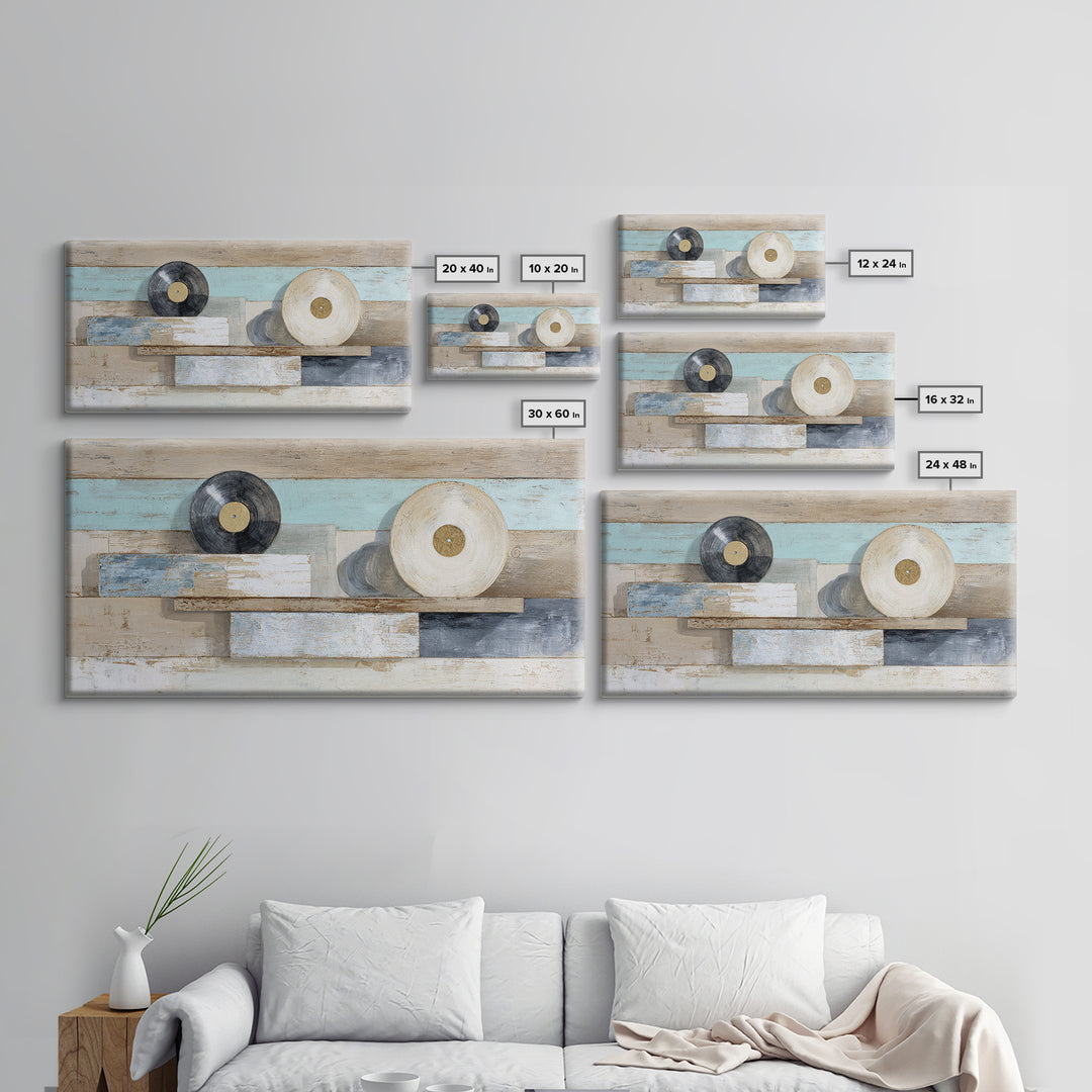 Vinyl Record and Headphones on Worn Wood Canvas Print, Basement Art, Classroom Decor, Living Room Decor, Oil Painting, Retreat, BAS-2x1-77