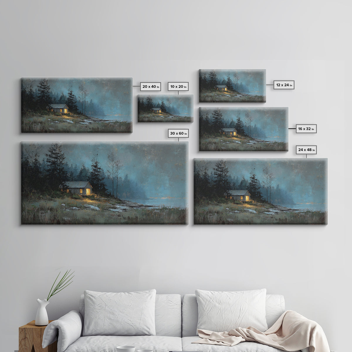 Forest Cabin Night Scene Framed Canvas Print, Basement Art, Contemporary Art, Living Room Decor, Oil Painting, Retreat, BAS-2x1-83