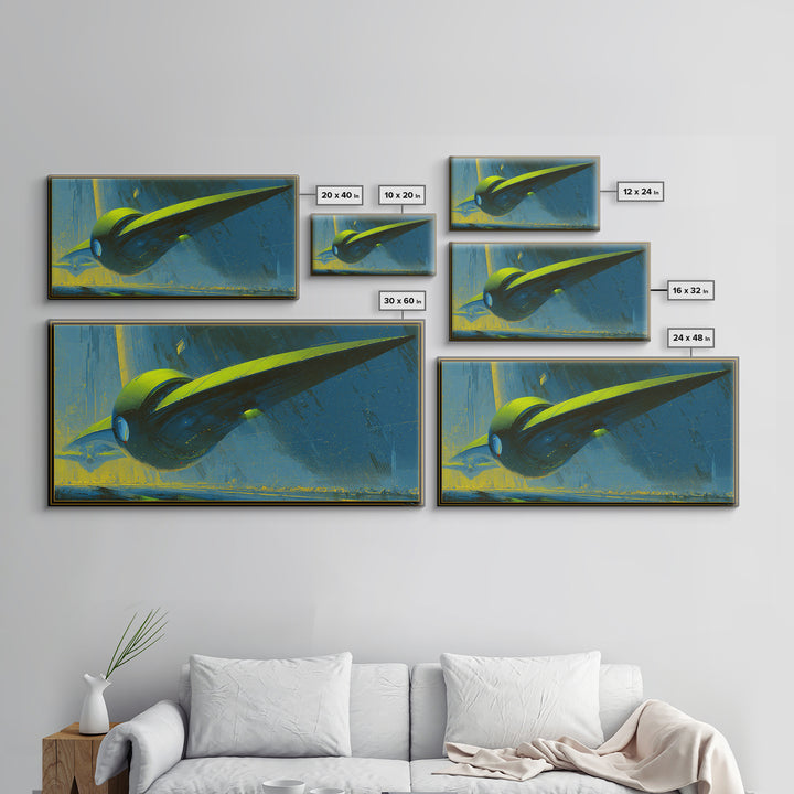 Retro Sci Fi Spaceship Poster for Entertainment Framed Canvas Print, Basement Art, Modern Wall Art, Living Room Decor, Retreat, BAS-2x1-85