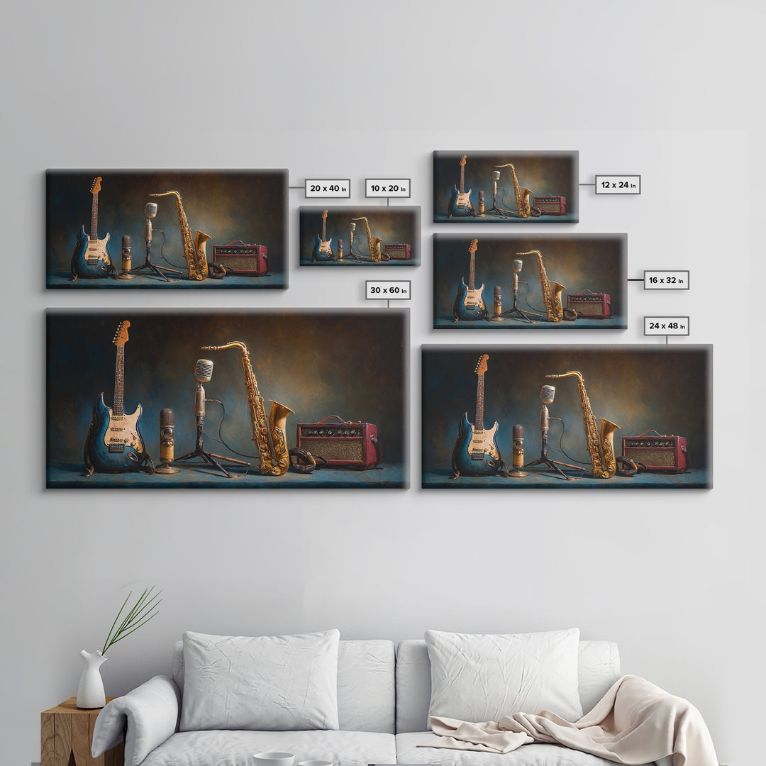 Classic Rock Guitar Still Life Framed Canvas Print, Basement Art, Digital Art Prints, Living Room Decor, Fine Art, Retreat, BAS-2x1-97