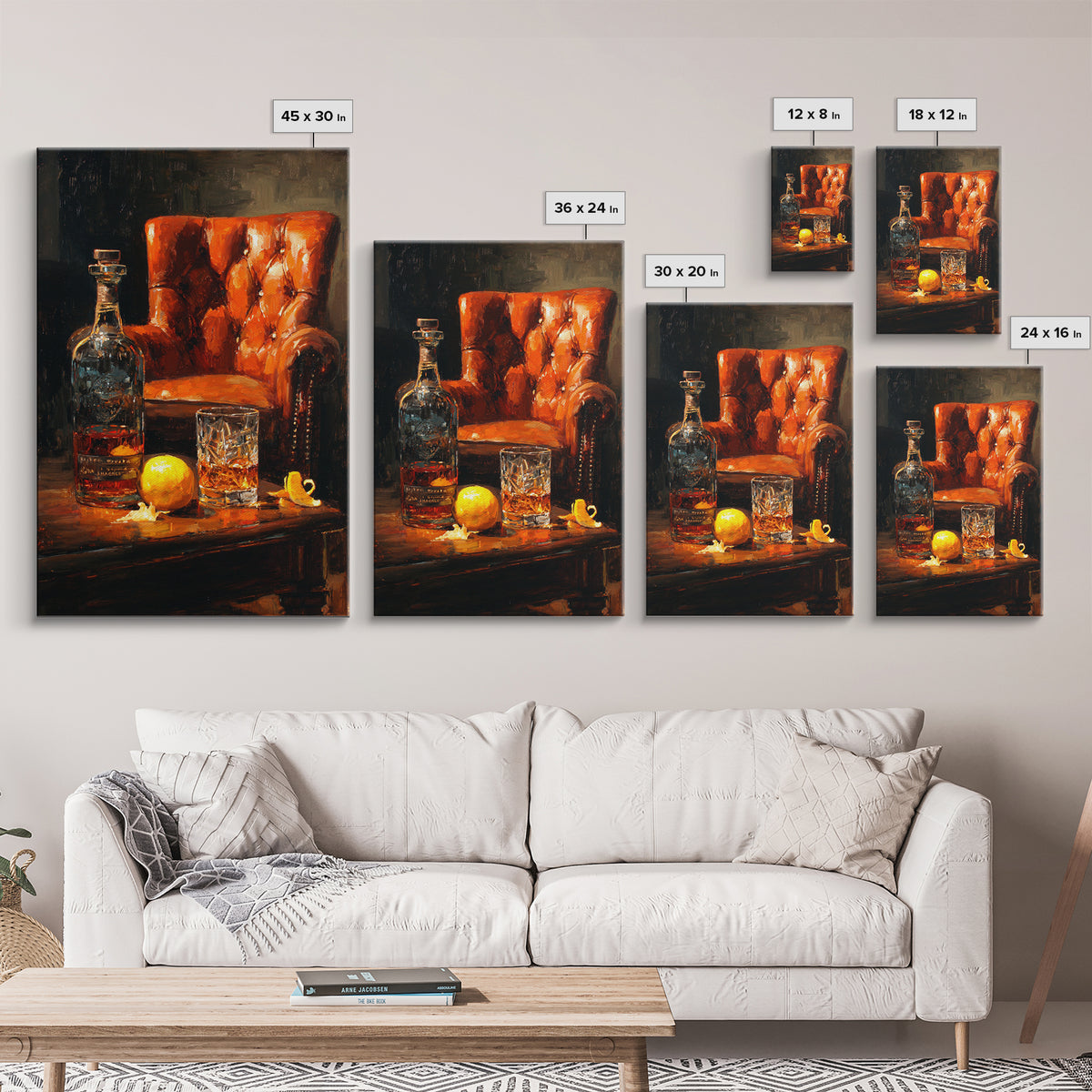 Whiskey Barrel and Leather Chair Mood Painting Canvas Print, Basement Art, Home Decor, Living Room Decor, Oil Painting, Retreat, BAS-2x3-66