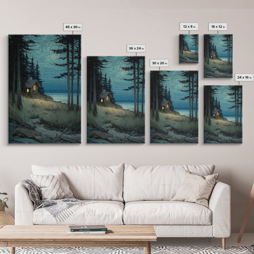 Forest Cabin Night Scene Canvas Print, Basement Art, Oil Painting, Living Room Decor, Retreat, Man Cave Decor, Bar Wall Art, BAS-2x3-71