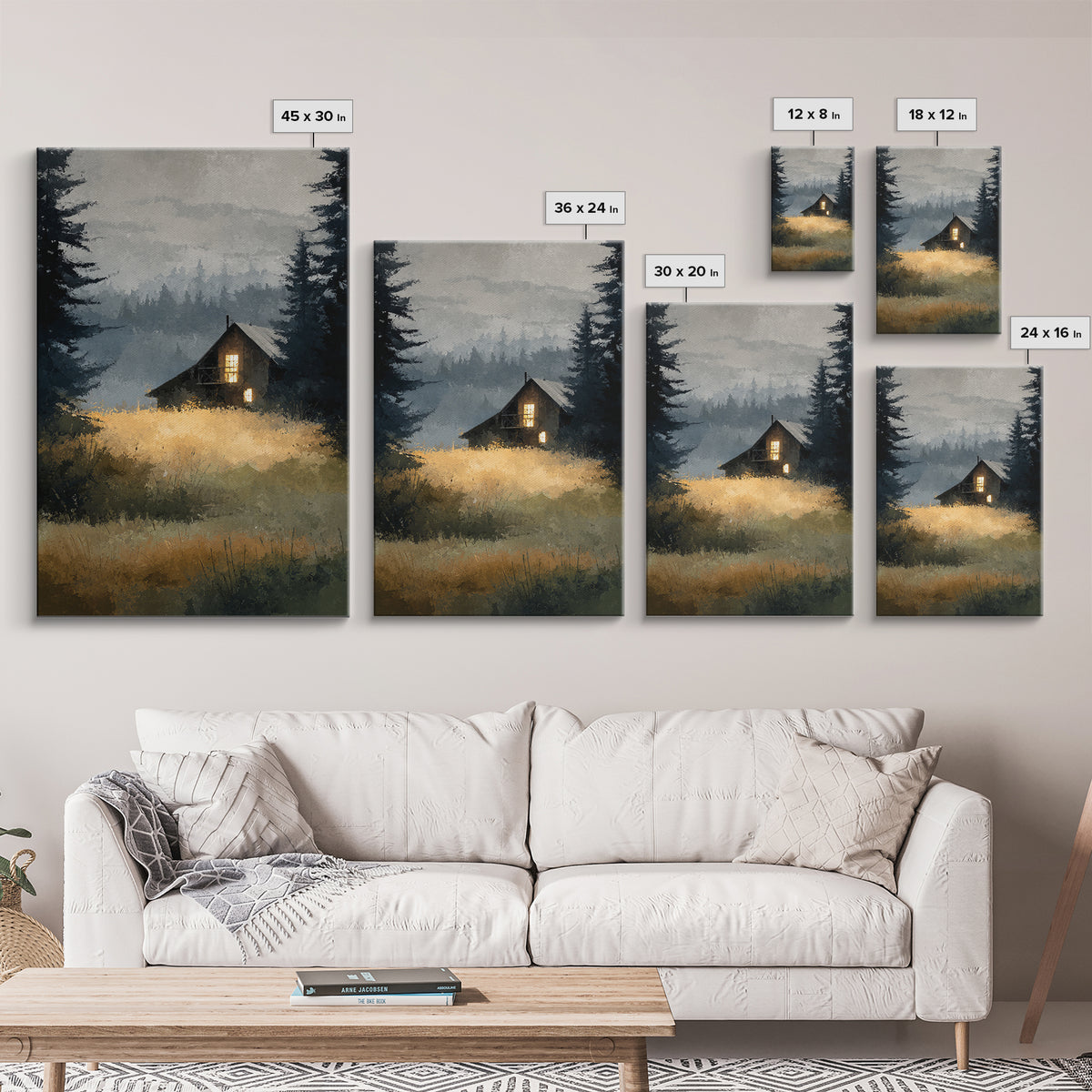 Forest Cabin Night Scene Canvas Print, Basement Art, Digital Art Download, Living Room Decor, Retreat, Steampunk Wall Art, BAS-2x3-95