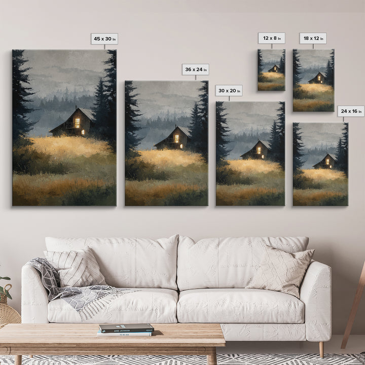 Forest Cabin Night Scene Canvas Print, Basement Art, Digital Art Download, Living Room Decor, Retreat, Steampunk Wall Art, BAS-2x3-95