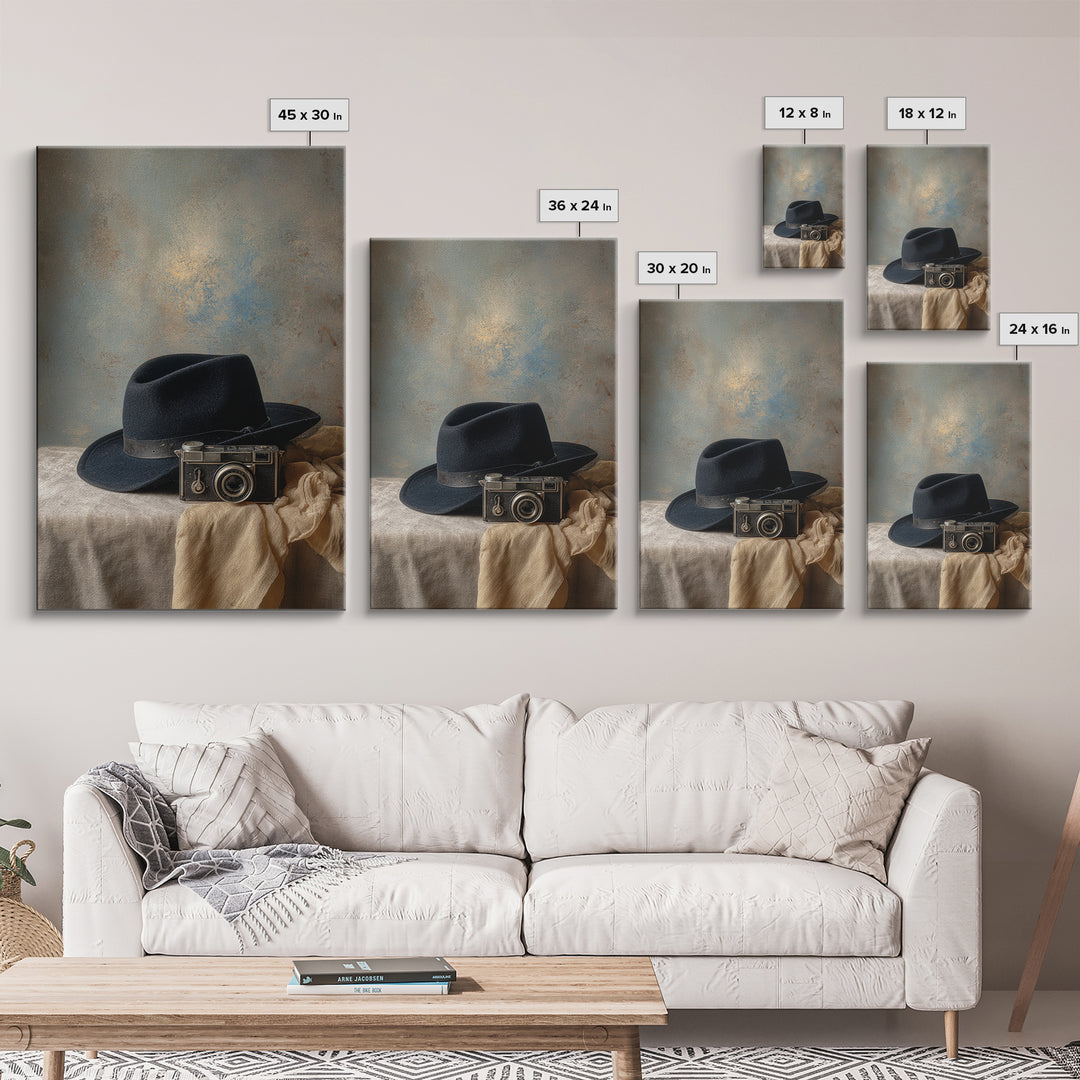 Noir Detective Hat and Camera Still Life Canvas Print, Basement Art, Digital Art Prints, Living Room Decor, Fine Art, Retreat, BAS-2x3-99