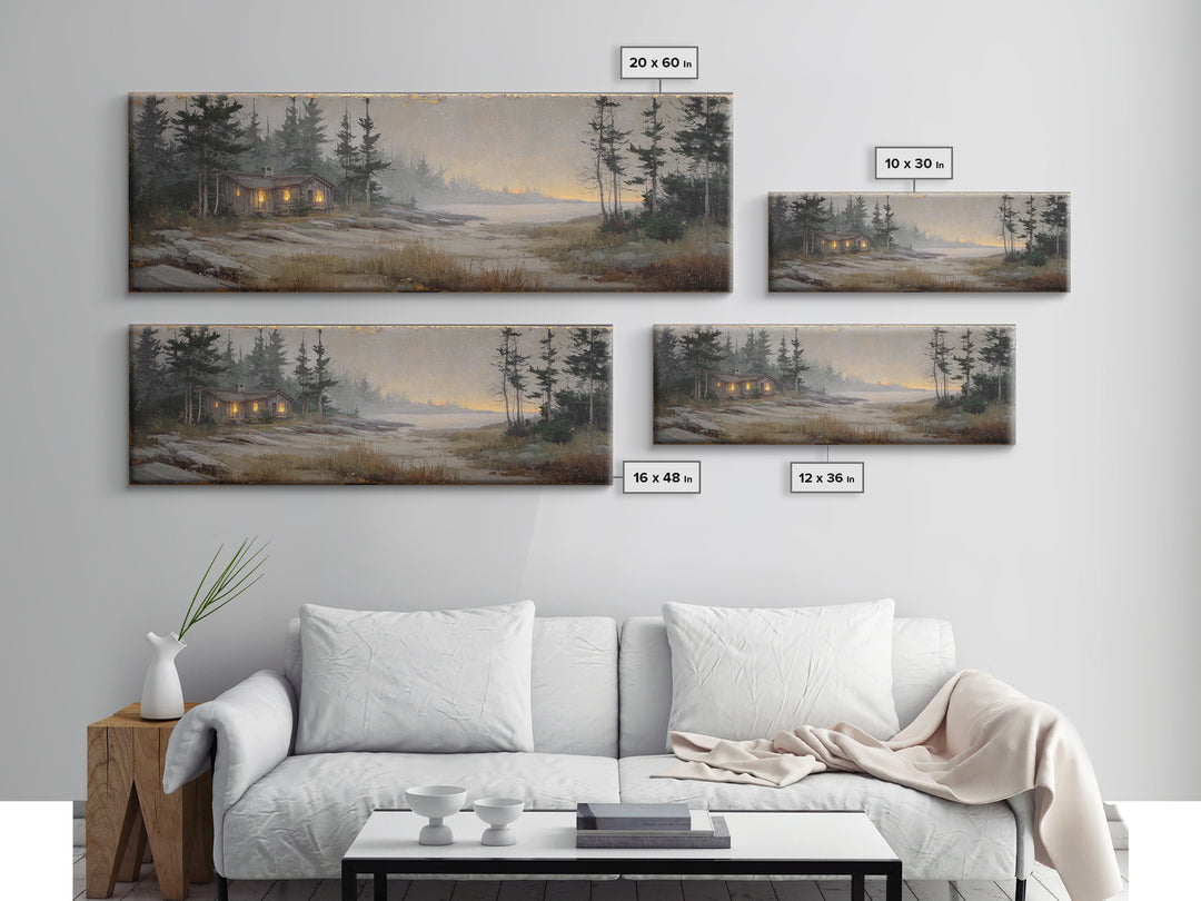Forest Cabin Night Scene Canvas Print, Basement Art, Luxury Decor, Living Room Decor, Fine Art, Retreat, Oil Painting, BAS-3x1-31