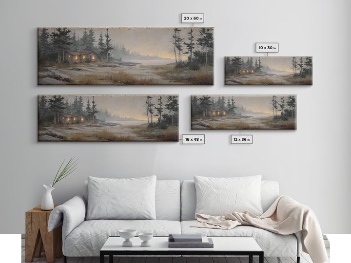 Forest Cabin Night Scene Canvas Print, Basement Art, Luxury Decor, Living Room Decor, Fine Art, Retreat, Oil Painting, BAS-3x1-31