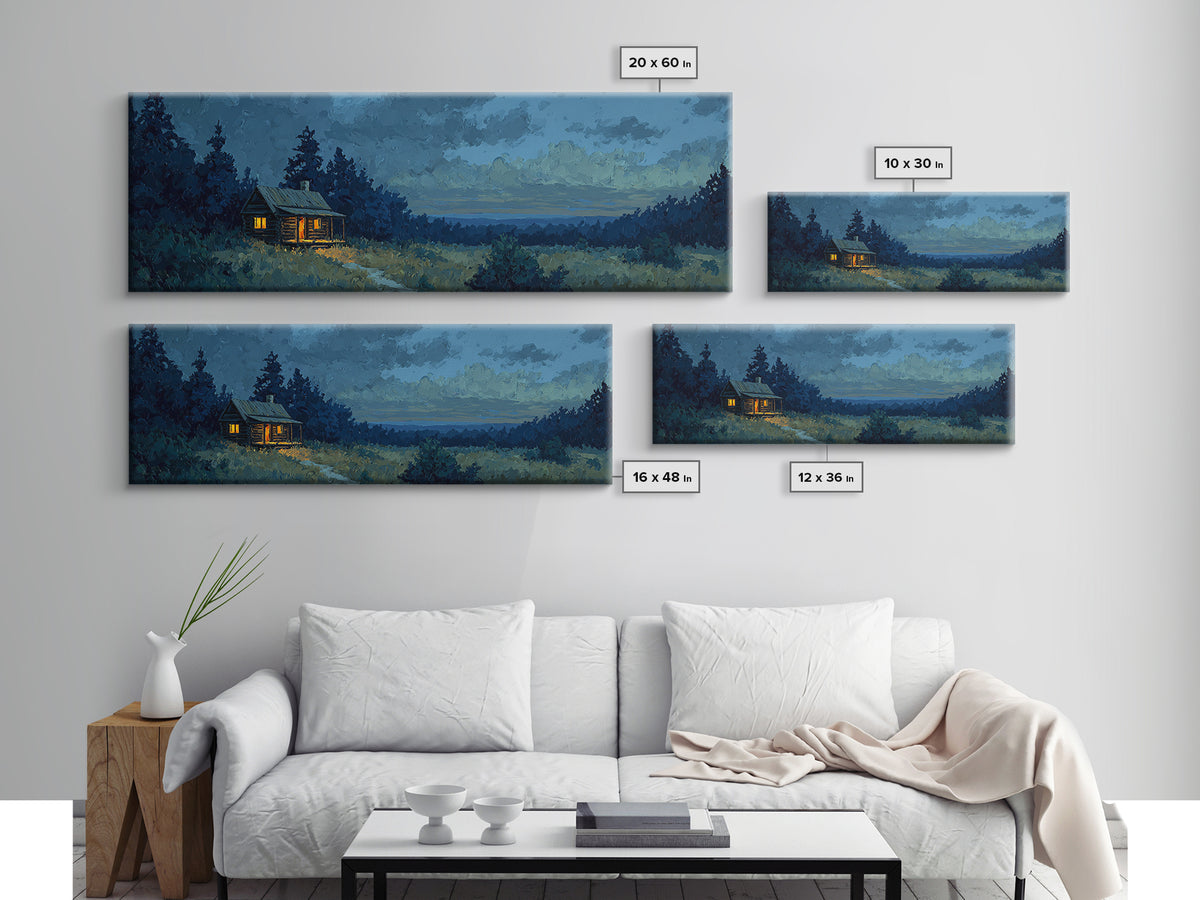 Forest Cabin Night Scene Framed Canvas Print, Basement Art, Contemporary Art, Living Room Decor, Oil Painting, Retreat, BAS-3x1-55