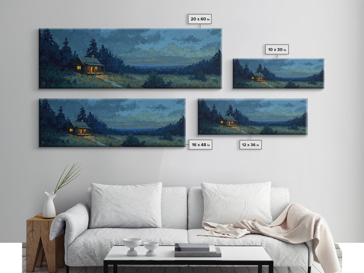 Forest Cabin Night Scene Framed Canvas Print, Basement Art, Contemporary Art, Living Room Decor, Oil Painting, Retreat, BAS-3x1-55