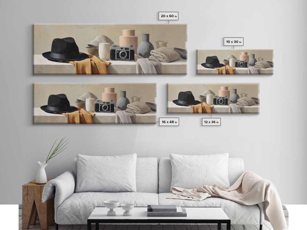Noir Detective Hat and Camera Still Life Framed Canvas Print, Basement Art, Wall Art, Living Room Decor, Fine Art, Retreat, BAS-3x1-59