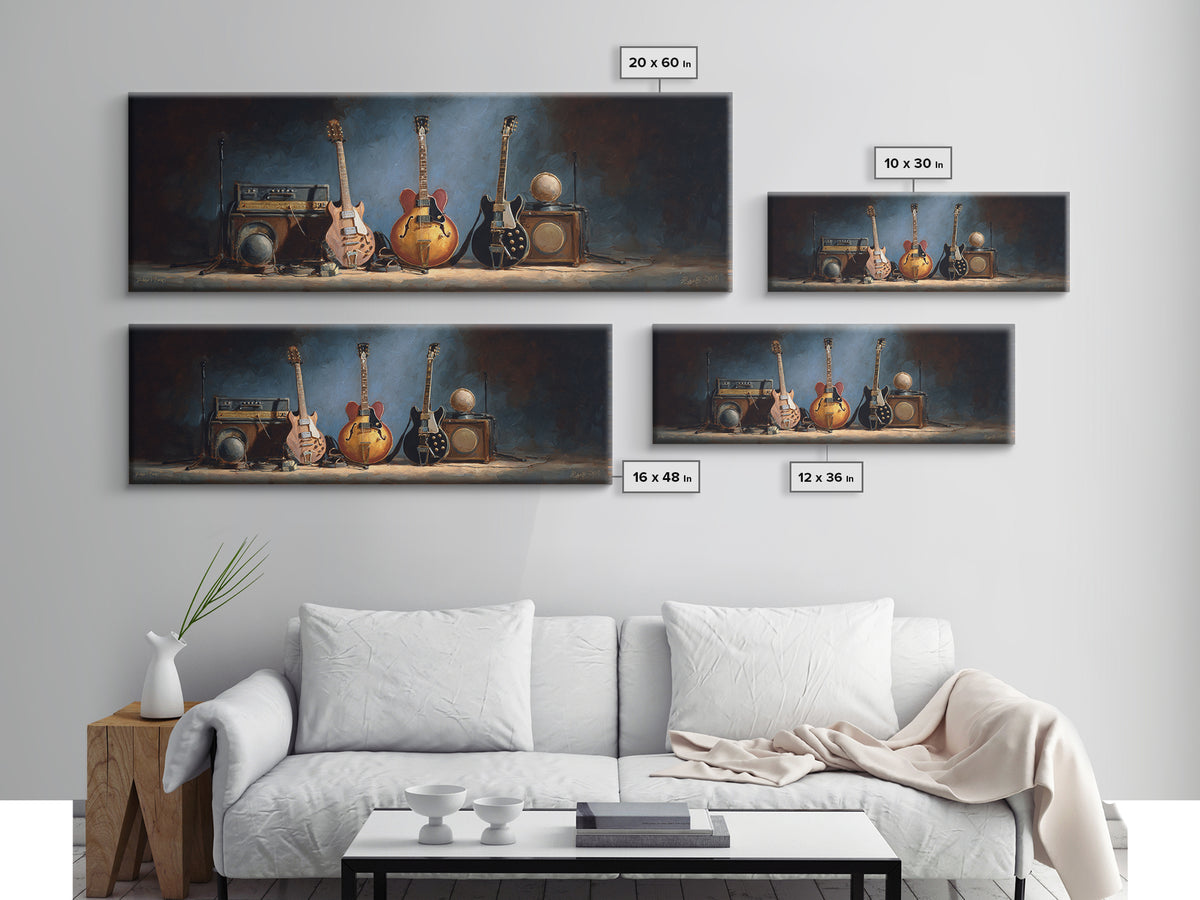 Classic Rock Guitar Still Life Framed Canvas Print, Basement Art, Cocktail Art, Living Room Decor, Fine Art, Retreat, BAS-3x1-69