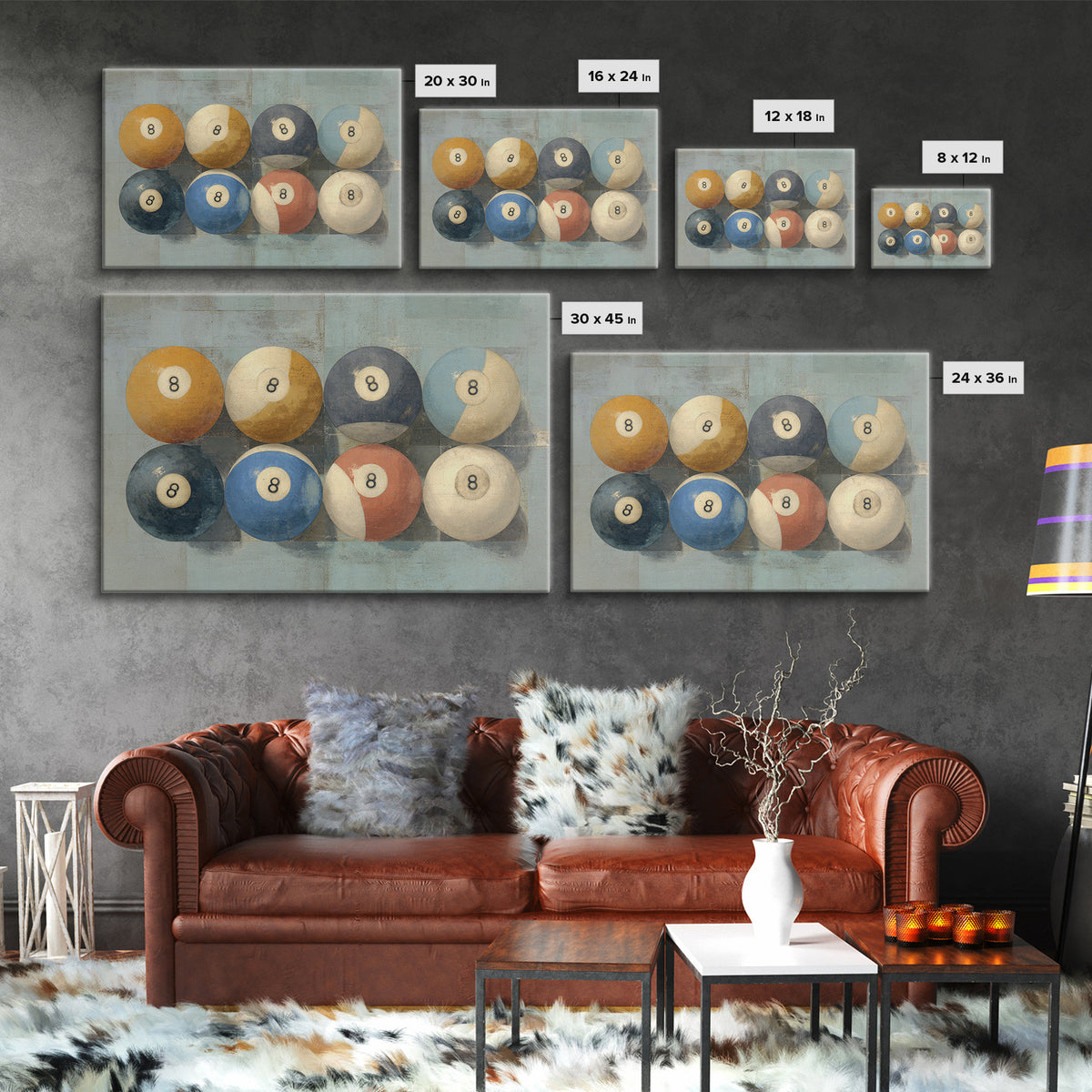 Bold Billiards Eight Ball Composition Canvas Print, Basement Art, First Home Gift, Living Room Decor, Fine Art, Retreat, BAS-3x2-56