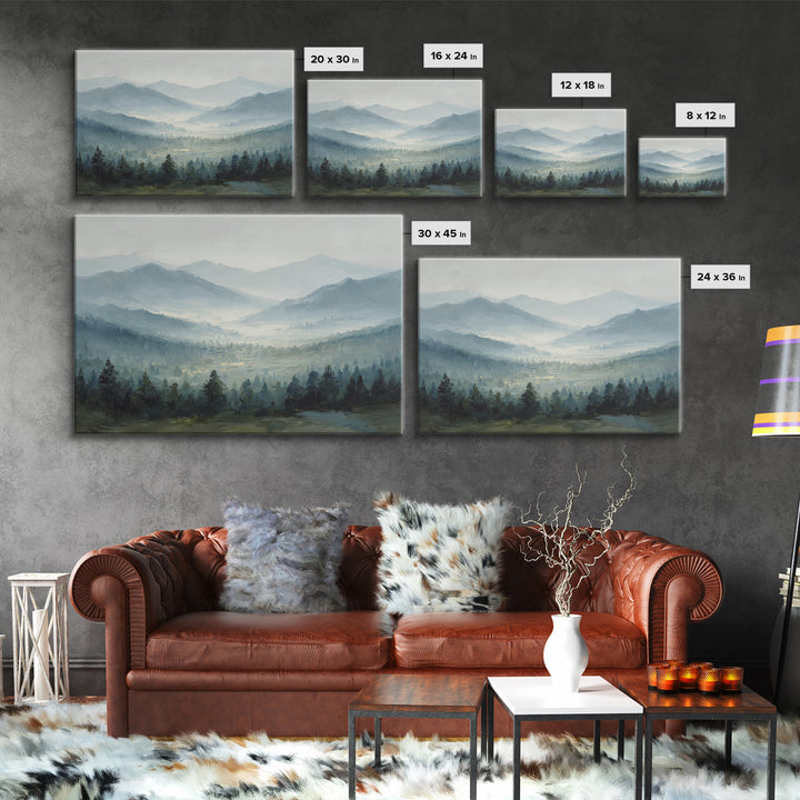 Moody Mountain Landscape for a Cozy Lounge Framed Canvas Print, Basement Art, Original Art Prints, Living Room Decor, Retreat, BAS-3x2-79