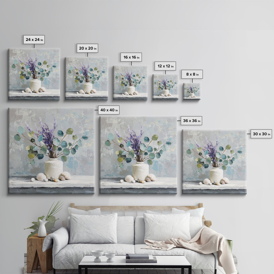 Lavender Sprigs in a Ceramic Vase Framed Canvas Print, Bathroom Art, Digital Art, Bathroom Decor, Fine Art, Spa, Dopamine Decor, BAT-1x1-12