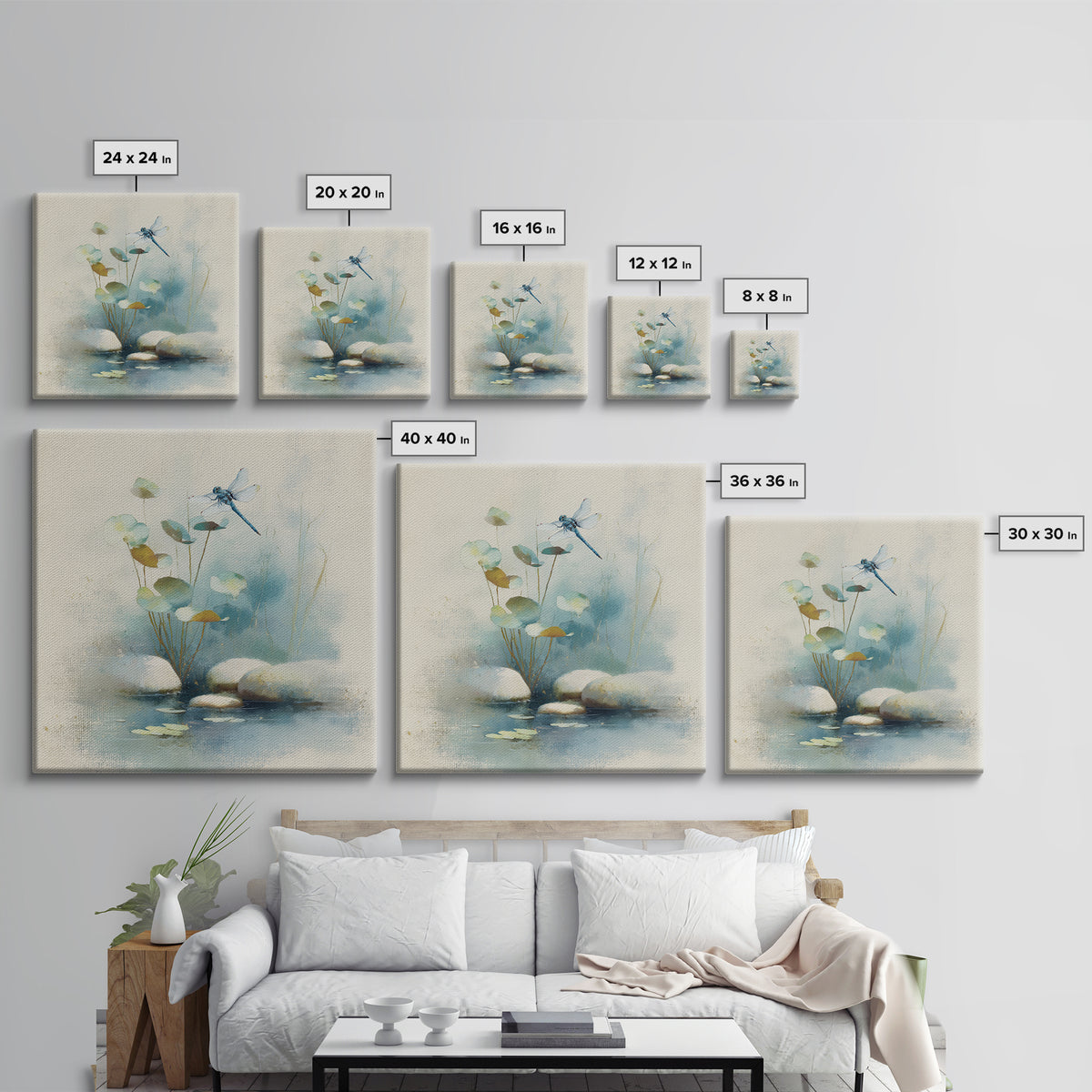 Delicate Dragonfly Above a Pond Surface Framed Canvas Print, Bathroom Art, Modern Art, Bathroom Decor, Fine Art, Spa, BAT-1x1-24