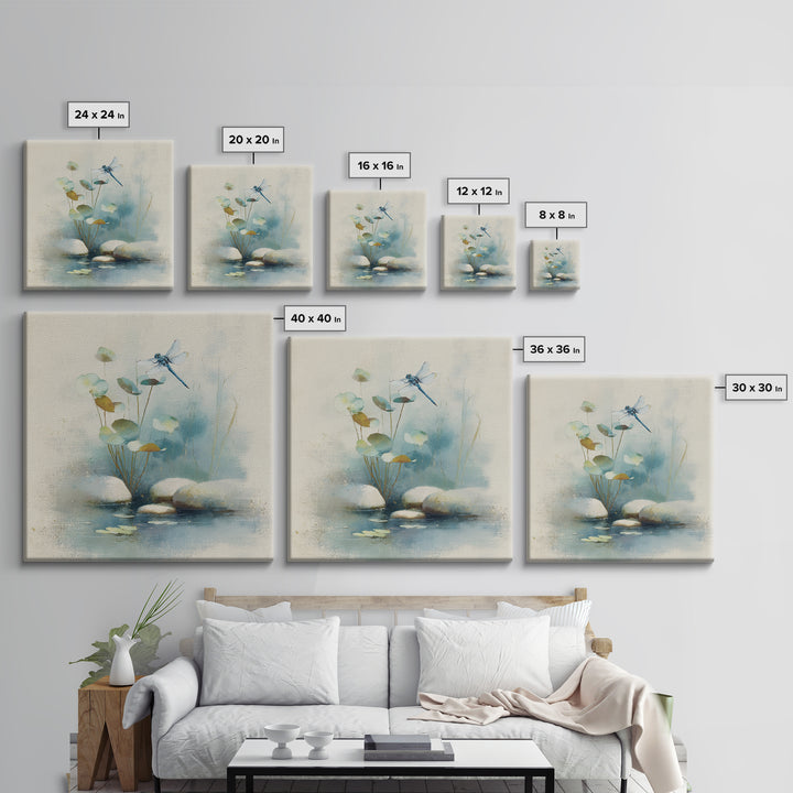 Delicate Dragonfly Above a Pond Surface Framed Canvas Print, Bathroom Art, Modern Art, Bathroom Decor, Fine Art, Spa, BAT-1x1-24