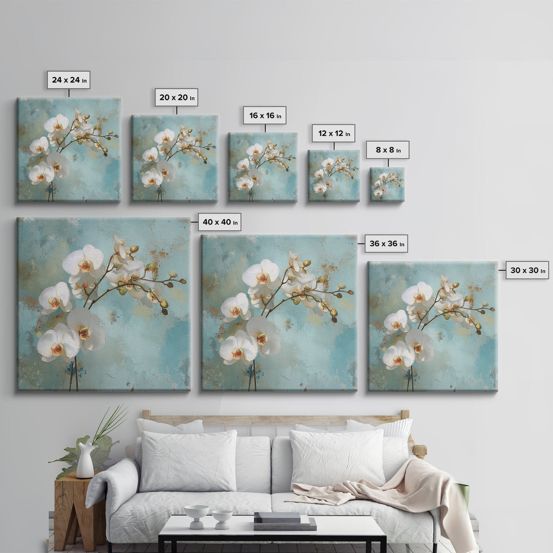 White Orchid on Warm Stone Background Framed Canvas Print, Bathroom Art, Bathroom Decor, Oil Painting, Spa, Modern Wall Art, BAT-1x1-28
