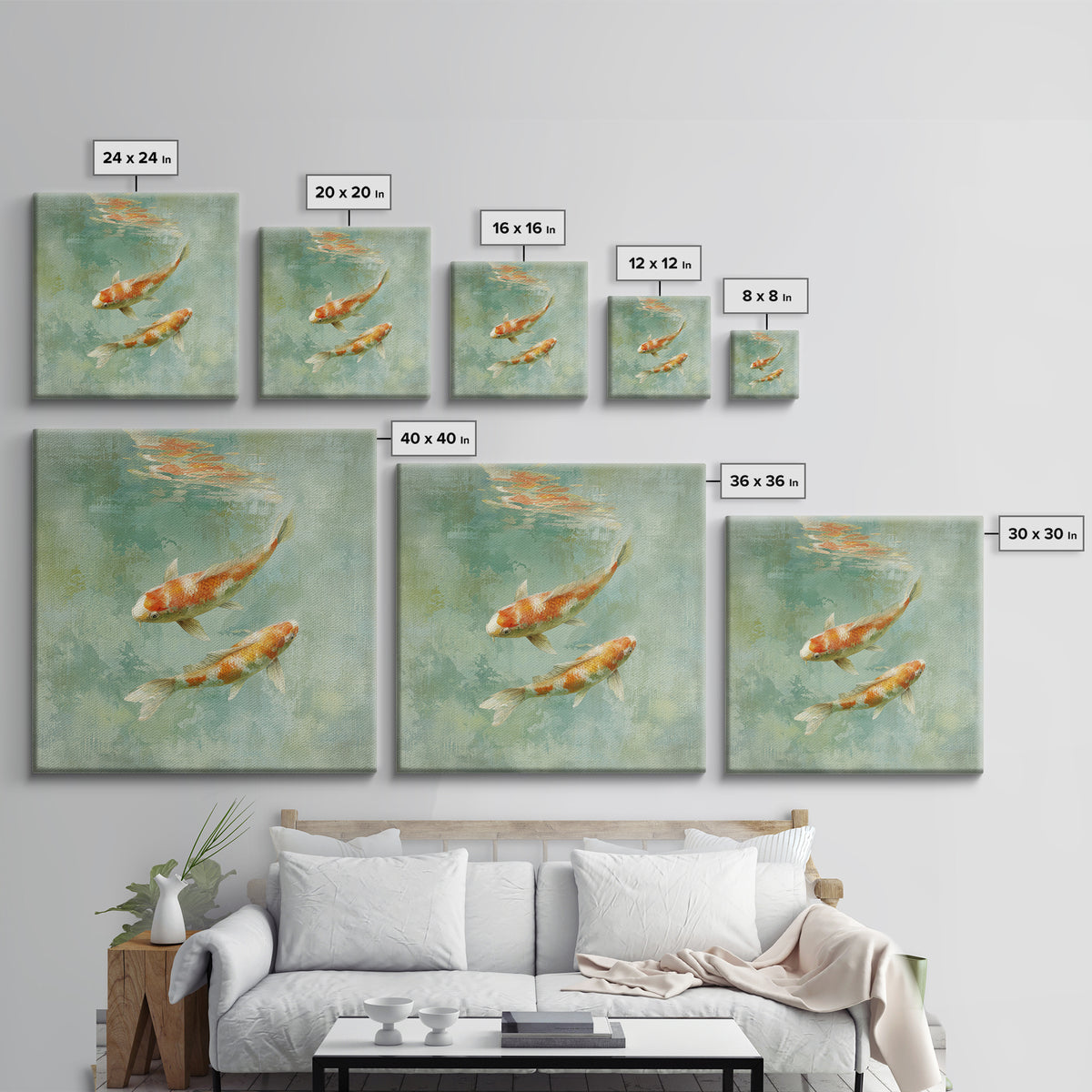 Minimal Koi Fish Swimming Through Clear Water Framed Canvas Print, Bathroom Art, Gallery Decor, Bathroom Decor, Fine Art, Spa, BAT-1x1-32