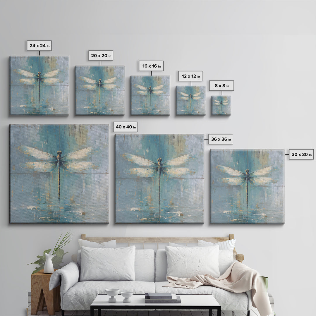 Delicate Dragonfly Above a Pond Surface Framed Canvas Print, Bathroom Art, Home Decor, Bathroom Decor, Fine Art, Spa, BAT-1x1-48