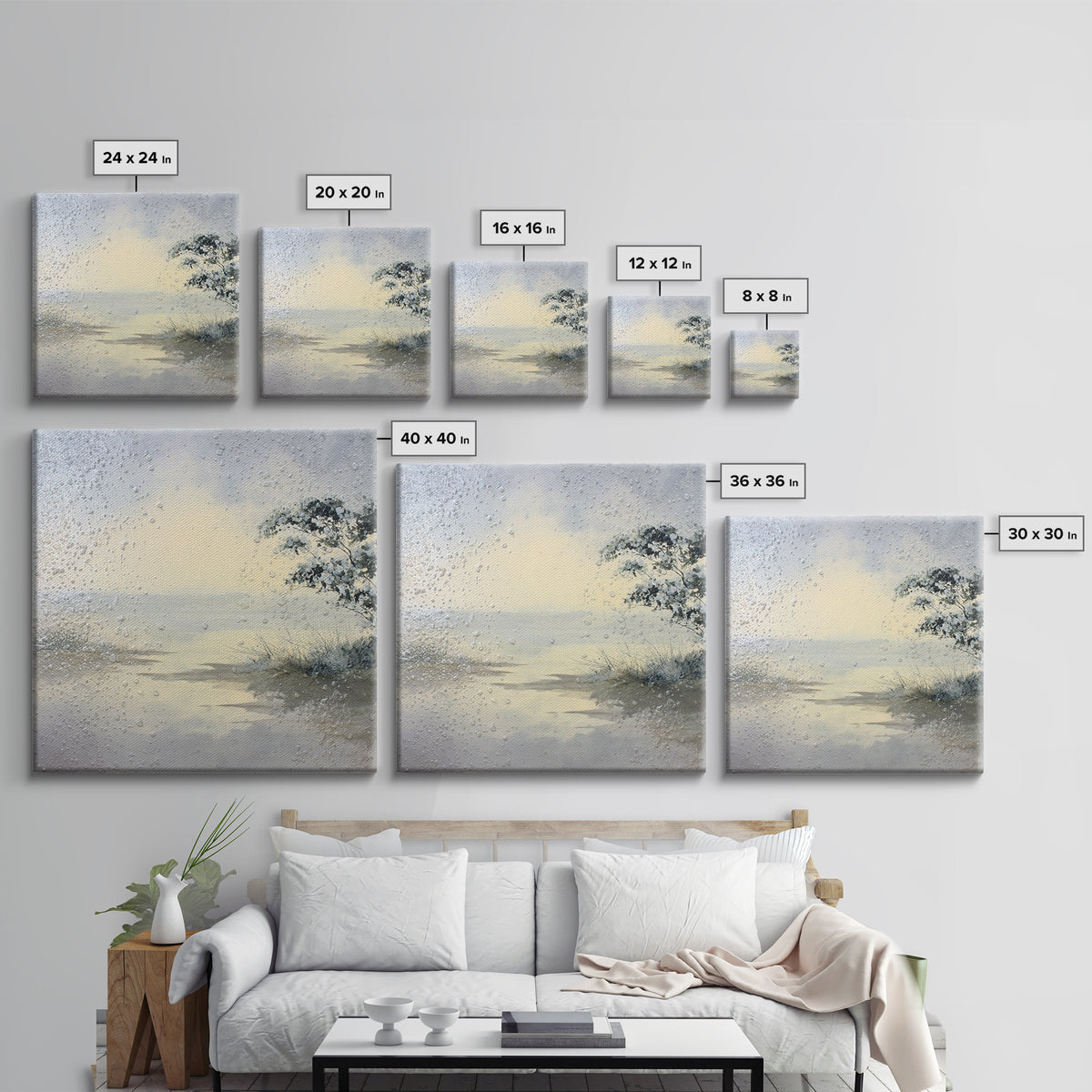Misty Lake Scene Framed Canvas Print, Bathroom Art, Trendy Wall Art, Bathroom Decor, Fine Art, Spa, Textured Painting, BAT-1x1-57