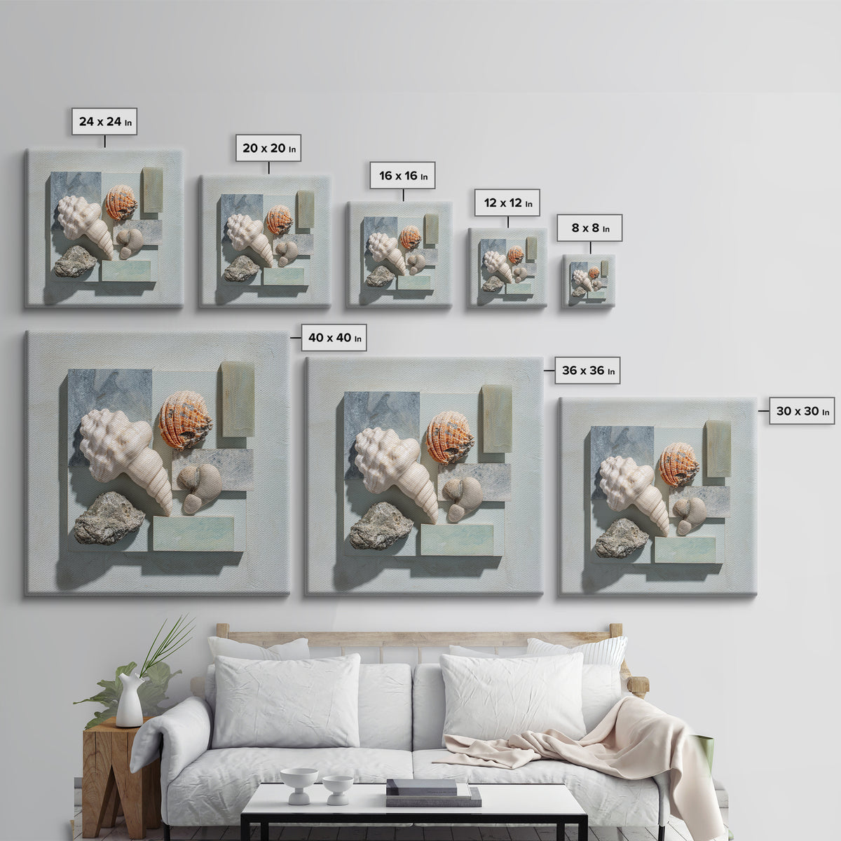 Coral and Shell Arrangement Canvas Print, Bathroom Art, Funny Bathroom Art, Bathroom Decor, Fine Art, Spa, Art Print, BAT-1x1-59