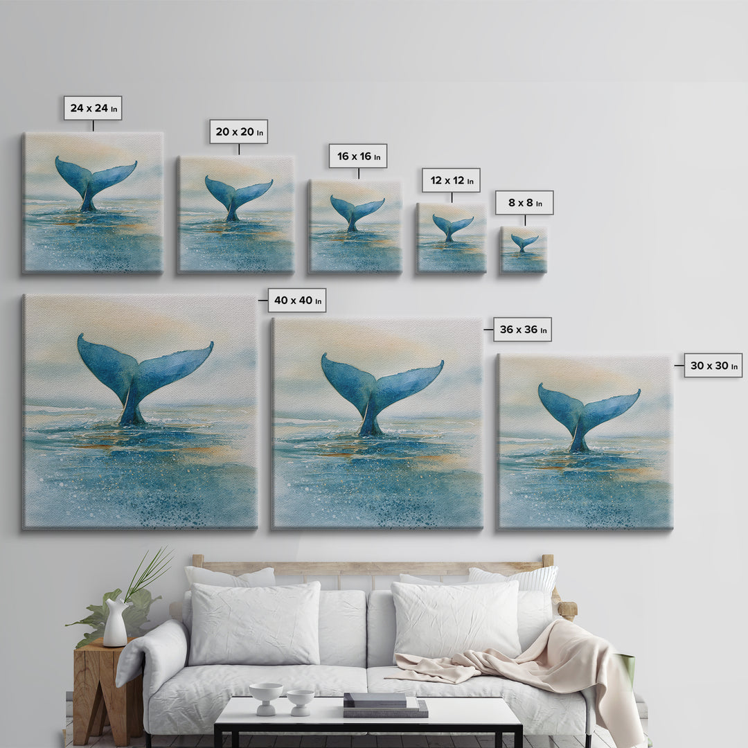 Watercolor Whale Tail Framed Canvas Print, Bathroom Art, Halloween Art, Bathroom Decor, Oil Painting, Spa, Textured Painting, BAT-1x1-63