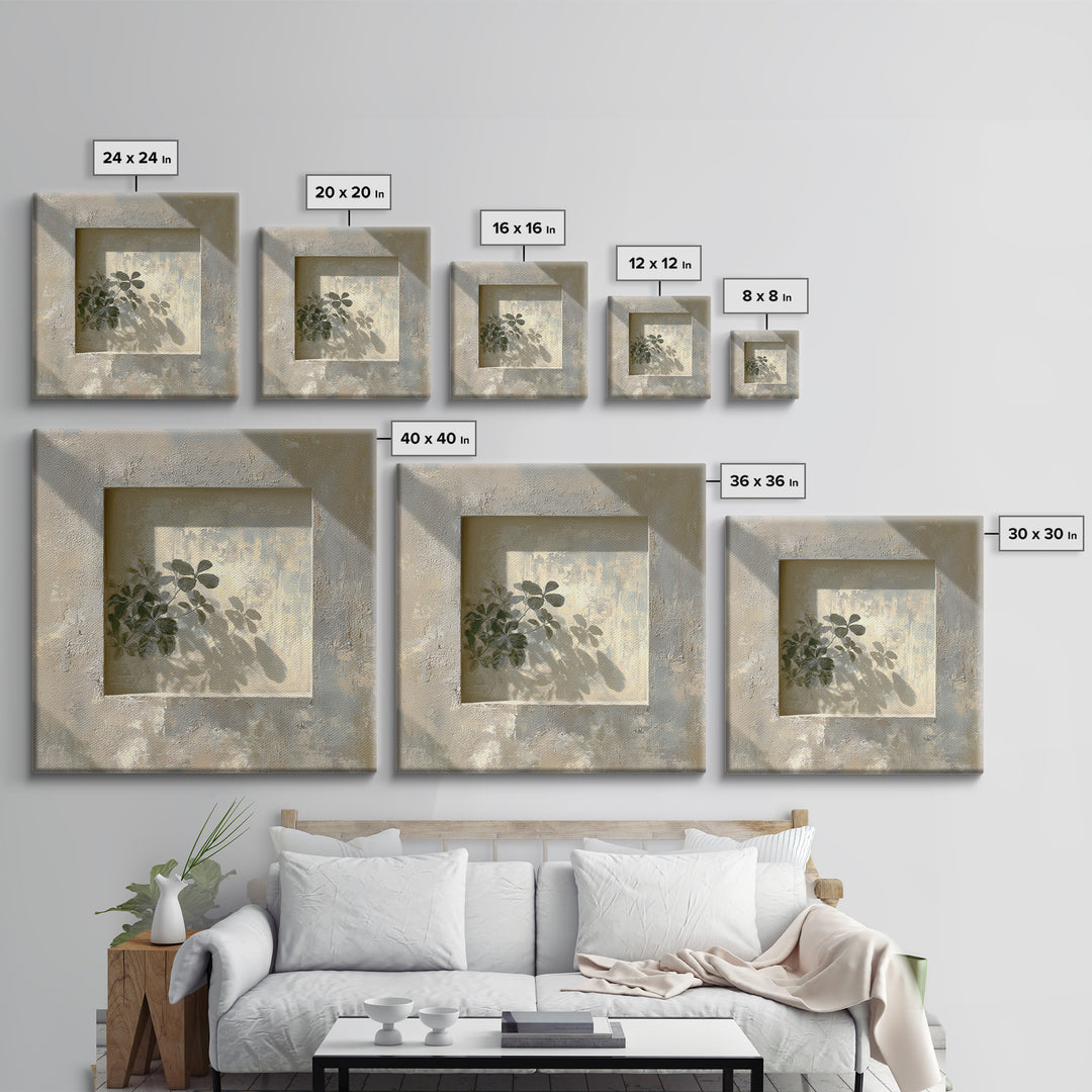 Sunlit Window Plant Shadow on Plaster Framed Canvas Print, Bathroom Art, Unique Wall Art, Bathroom Decor, Abstract Art, Spa, BAT-1x1-66