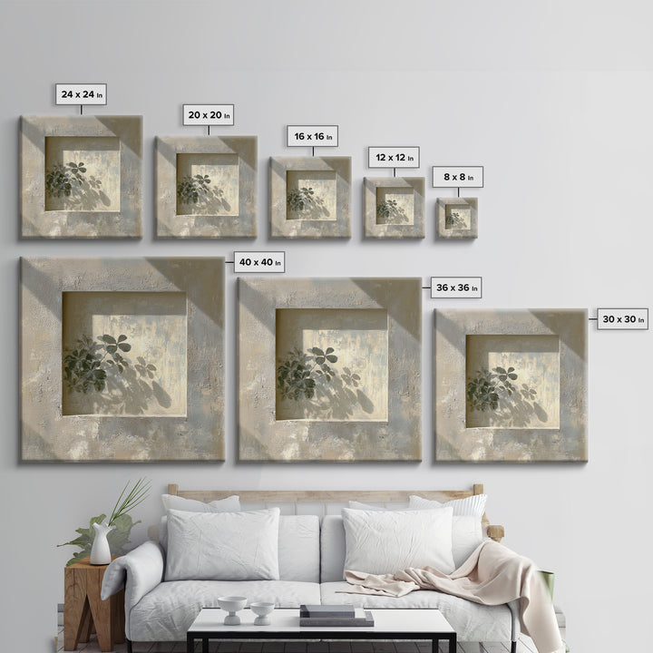 Sunlit Window Plant Shadow on Plaster Framed Canvas Print, Bathroom Art, Unique Wall Art, Bathroom Decor, Abstract Art, Spa, BAT-1x1-66