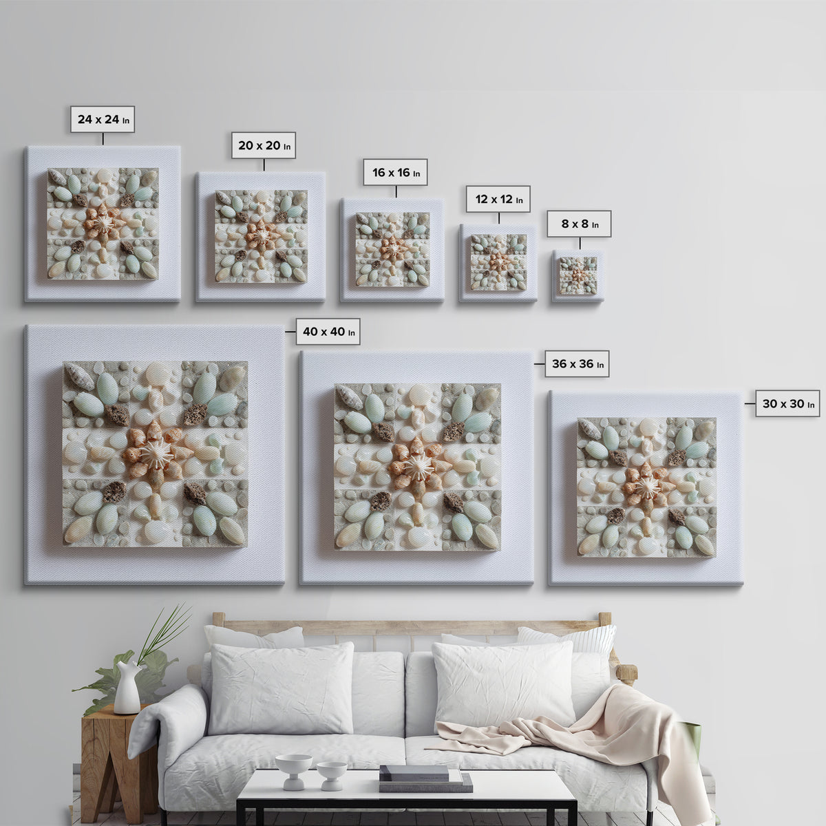 Coral and Shell Arrangement Framed Canvas Print, Bathroom Art, Neutral Decor, Bathroom Decor, Fine Art, Spa, Wall Art, BAT-1x1-83