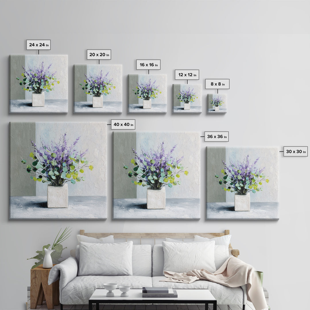 Lavender Sprigs in a Ceramic Vase Framed Canvas Print, Bathroom Art, Bathroom Wallpaper, Bathroom Decor, Abstract Art, Spa, BAT-1x1-84