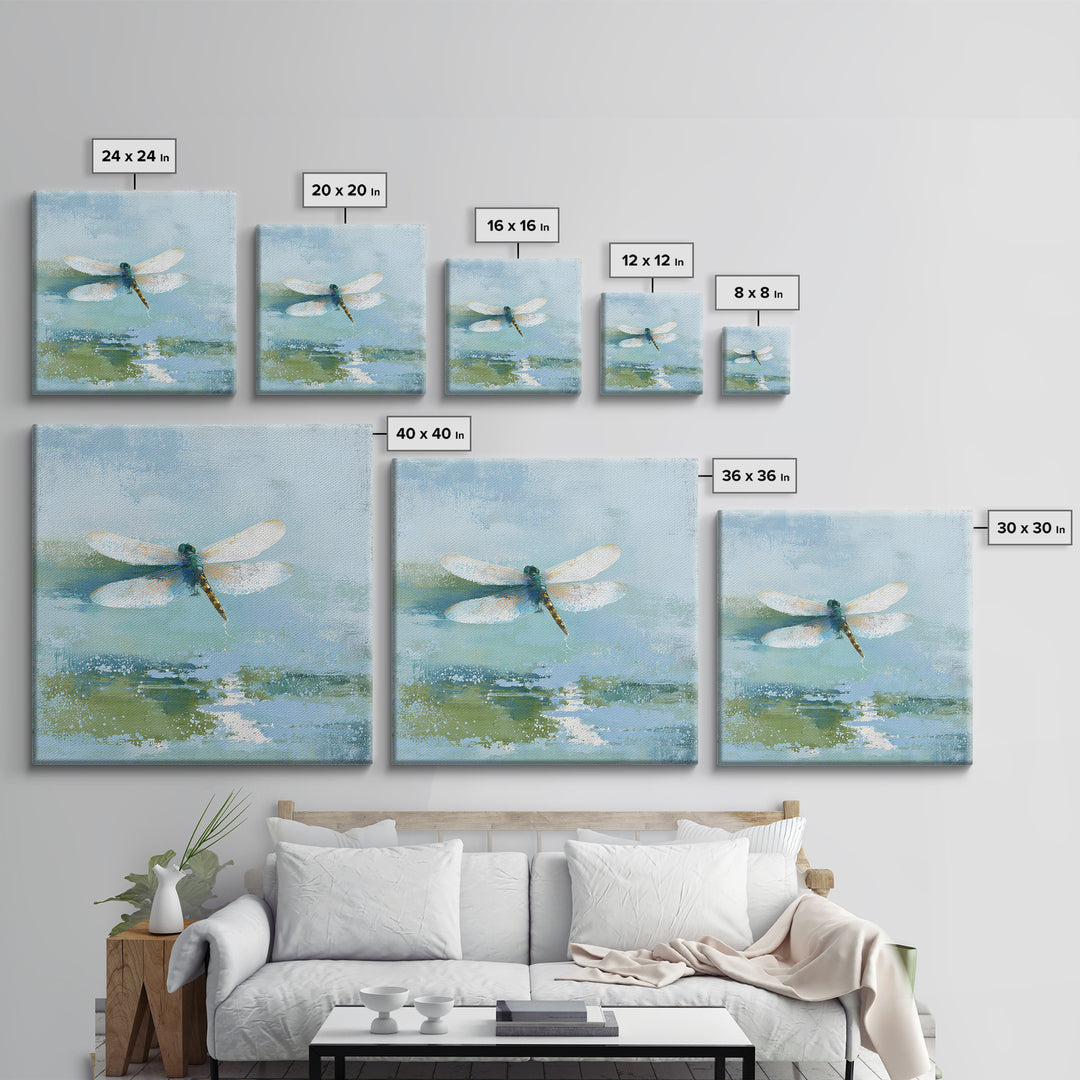 Delicate Dragonfly Above a Pond Surface Framed Canvas Print, Bathroom Art, Poster, Bathroom Decor, Fine Art, Spa, Digital Print, BAT-1x1-96