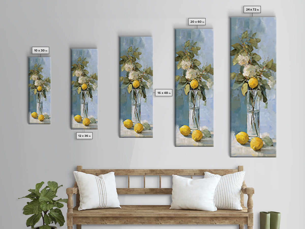 Lemon and Botanical Still Life Canvas Print, Bathroom Art, Bathroom Accessories, Bathroom Decor, Oil Painting, Spa, BAT-1x3-18