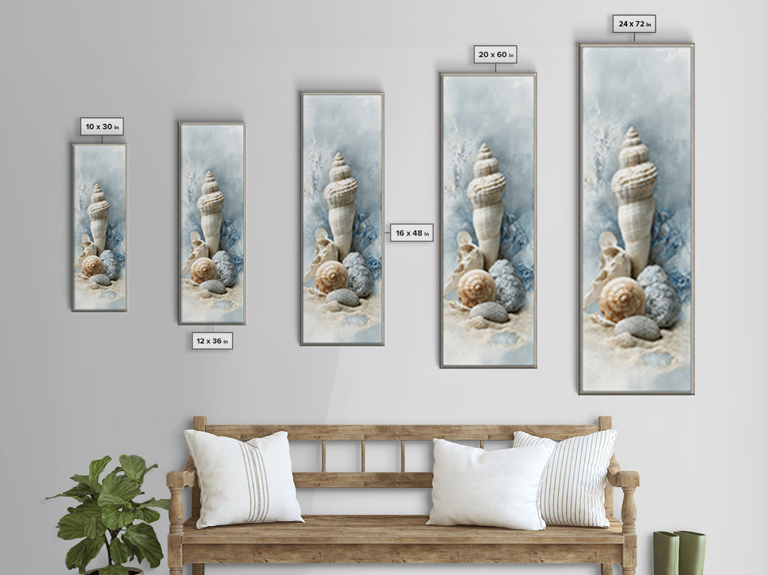 Minimal Seashell Still Life on Pale Sand Framed Canvas Print, Bathroom Art, Canvas Wall Art, Bathroom Decor, Fine Art, Spa, BAT-1x3-87