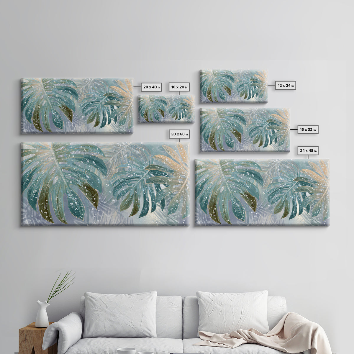 Tropical Leaf Silhouette Framed Canvas Print, Bathroom Art, Fine Art Print, Bathroom Decor, Watercolor Art, Spa, Poster, BAT-2x1-10