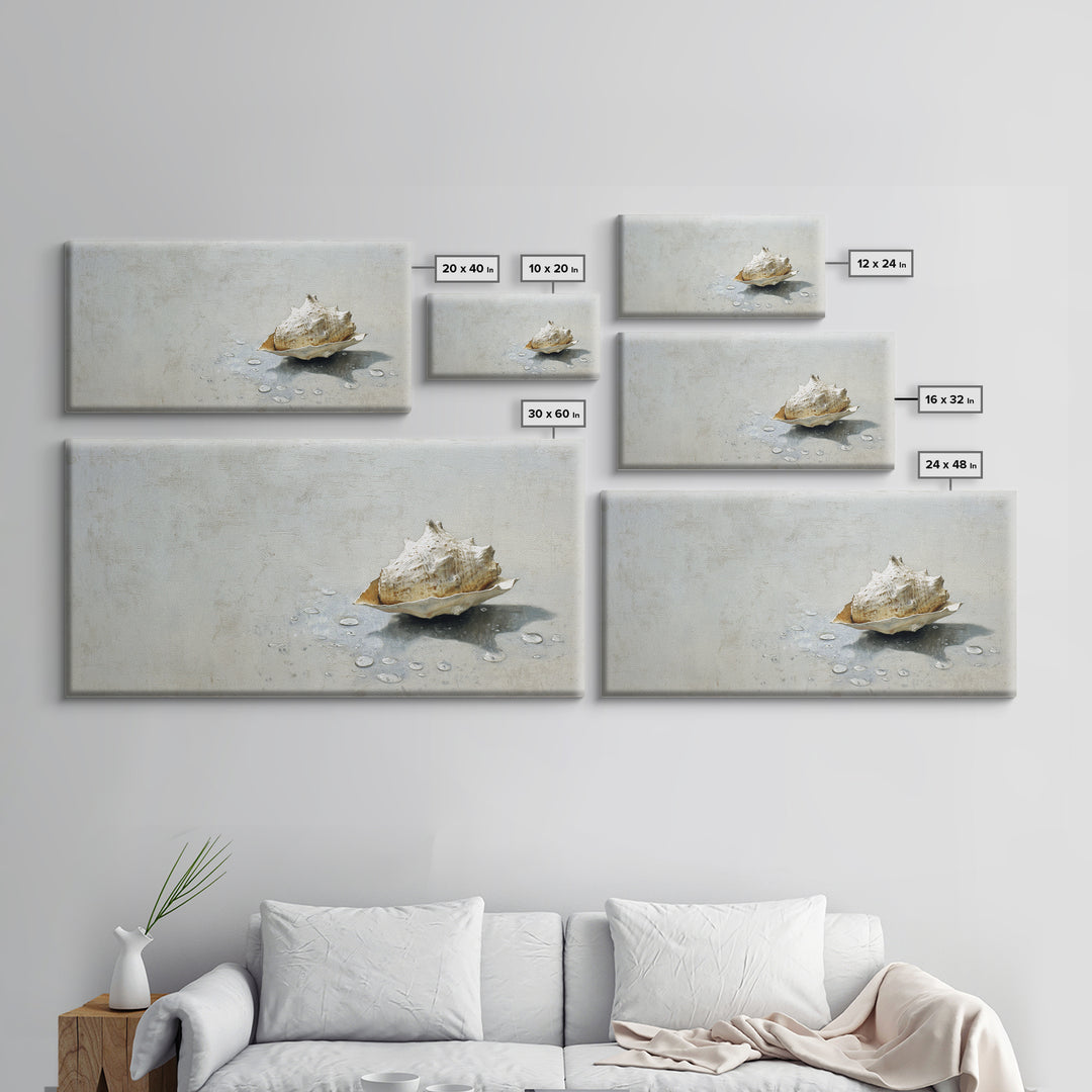 Minimal Seashell Still Life on Pale Sand Framed Canvas Print, Bathroom Art, Digital Art, Bathroom Decor, Watercolor Art, Spa, BAT-2x1-23