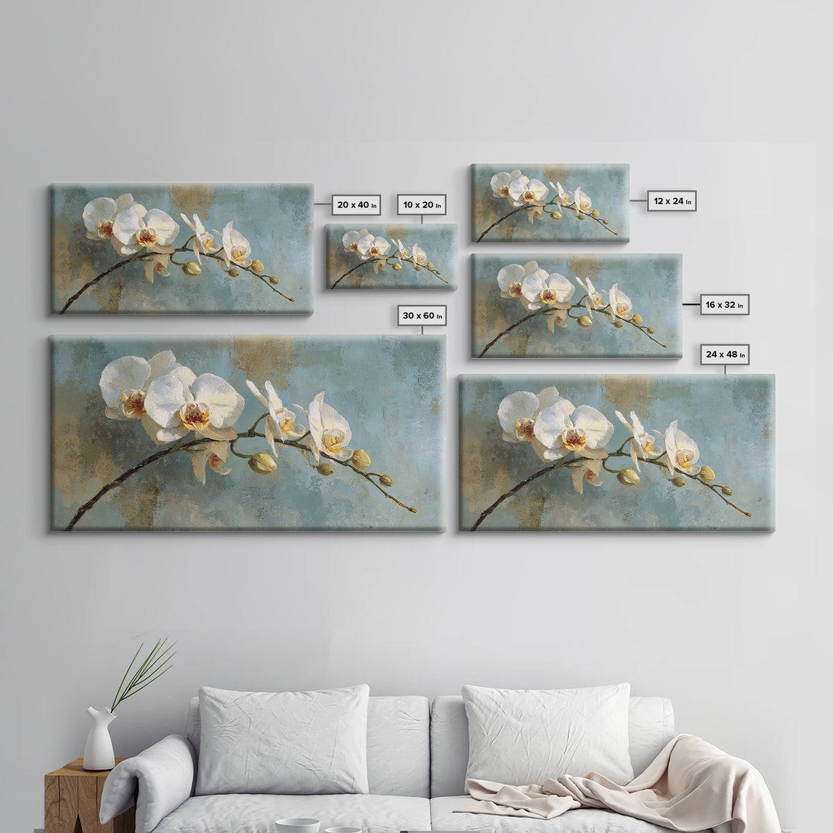 White Orchid on Warm Stone Background Framed Canvas Print, Bathroom Art, Textured Painting, Bathroom Decor, Fine Art, Spa, BAT-2x1-24