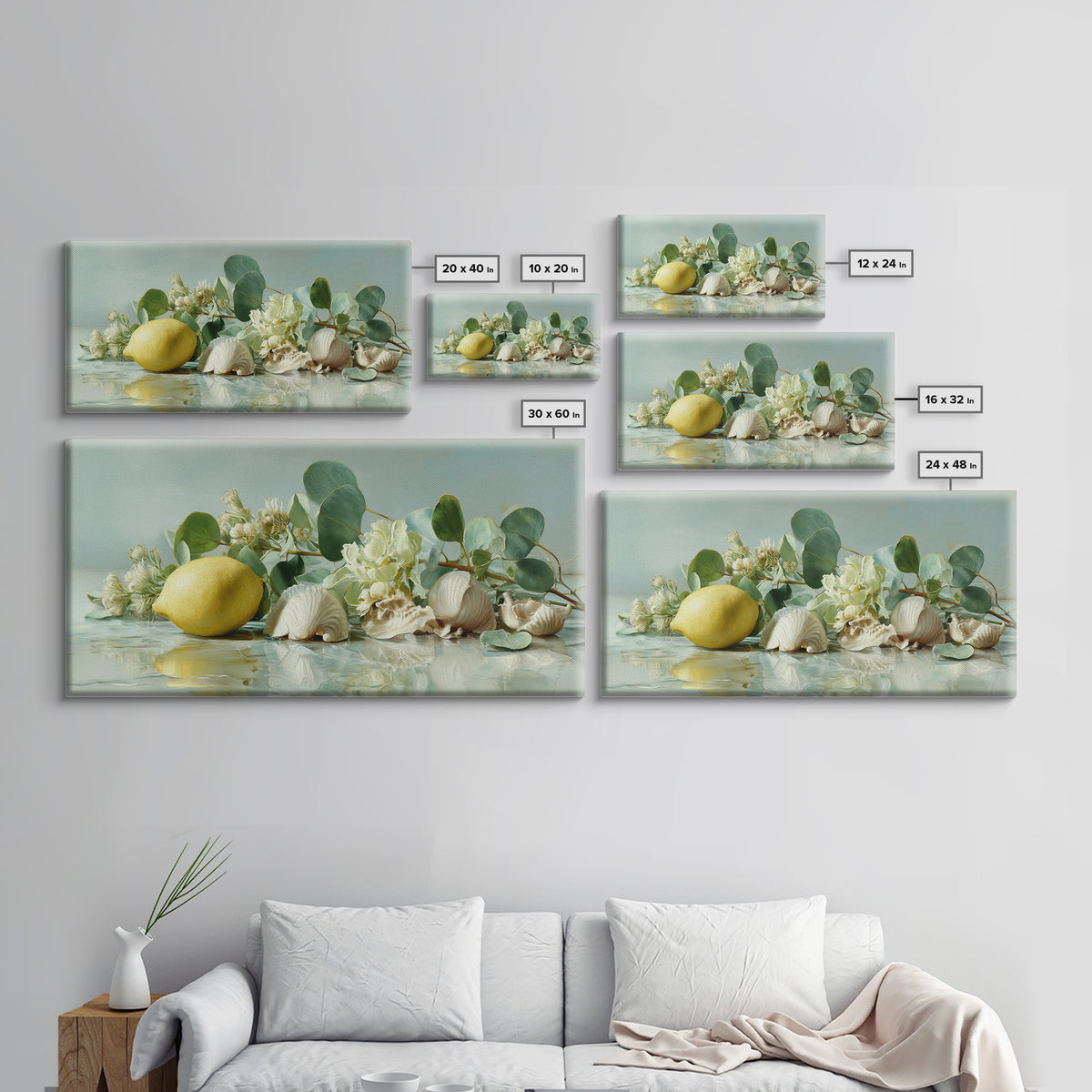 Lemon and Botanical Still Life Canvas Print, Bathroom Art, Neutral Decor, Bathroom Decor, Fine Art, Spa, Wall Art, Home Decor, BAT-2x1-26