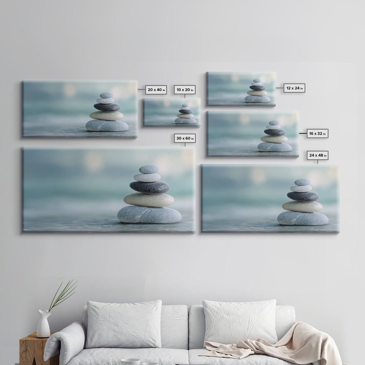 Monochrome Pebble Stack Framed Canvas Print, Bathroom Art, Statement Artwork, Bathroom Decor, Fine Art, Spa, Digital Art, BAT-2x1-33