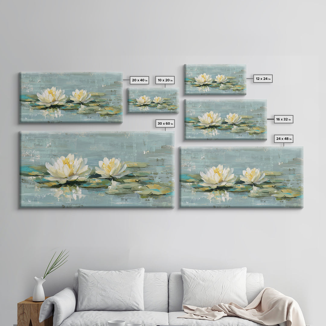Lotus Flower Floating on Calm Water Framed Canvas Print, Bathroom Art, Wall Art, Bathroom Decor, Fine Art, Spa, Dog Portrait, BAT-2x1-40