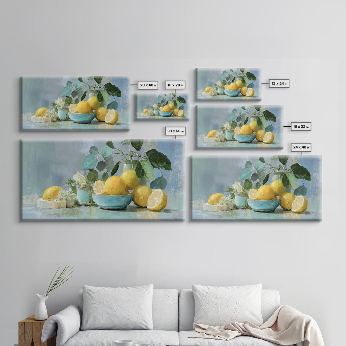 Lemon and Botanical Still Life Framed Canvas Print, Bathroom Art, Luxury Decor, Bathroom Decor, Oil Painting, Spa, BAT-2x1-50
