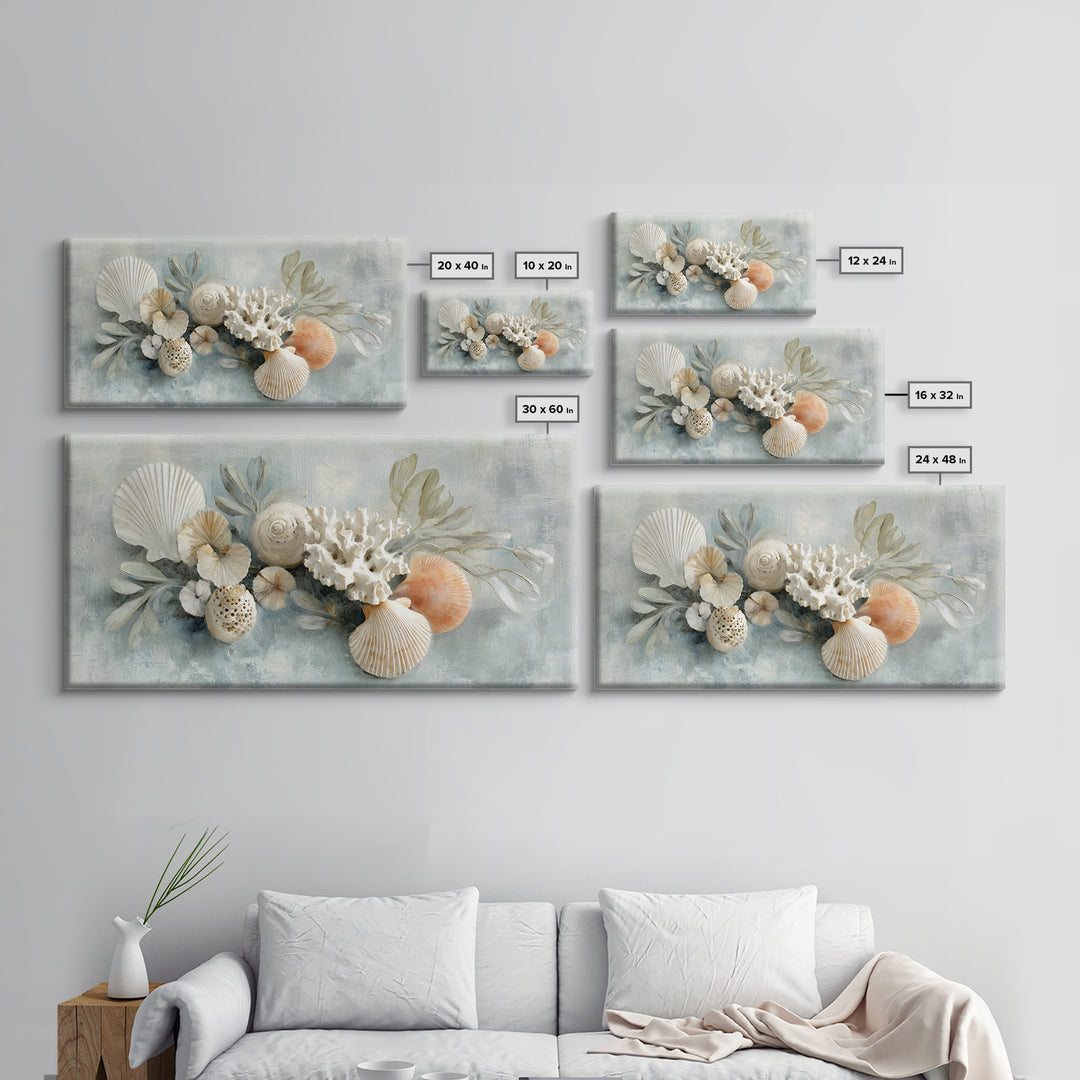 Coral and Shell Arrangement Framed Canvas Print, Bathroom Art, Wall Hanging, Bathroom Decor, Fine Art, Spa, Modern Art, BAT-2x1-55
