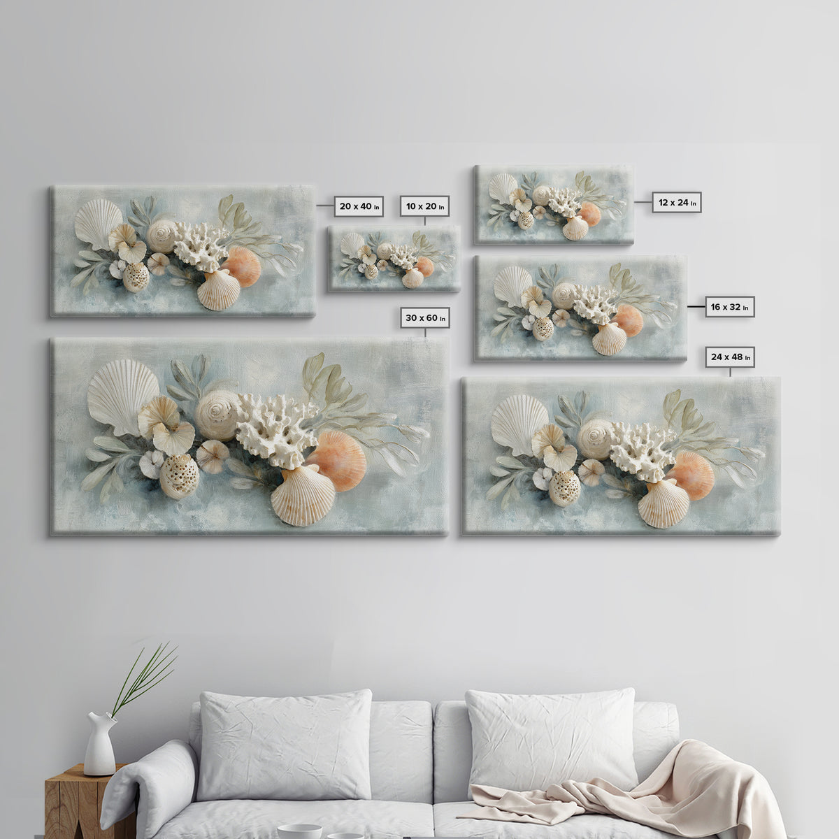 Coral and Shell Arrangement Framed Canvas Print, Bathroom Art, Wall Hanging, Bathroom Decor, Fine Art, Spa, Modern Art, BAT-2x1-55
