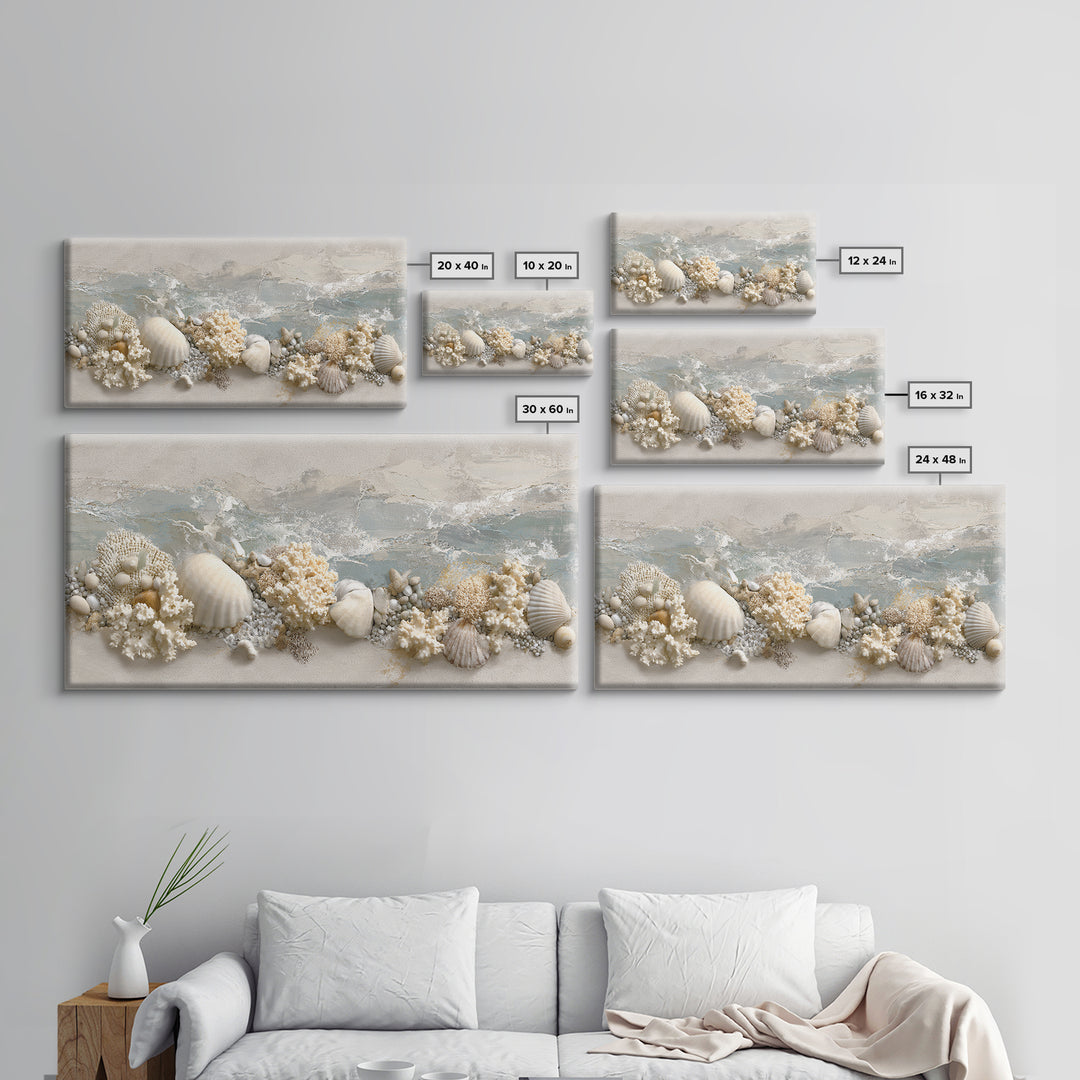 Coral and Shell Arrangement Framed Canvas Print, Bathroom Art, Contemporary Art, Bathroom Decor, Fine Art, Spa, Framed Wall Art, BAT-2x1-7