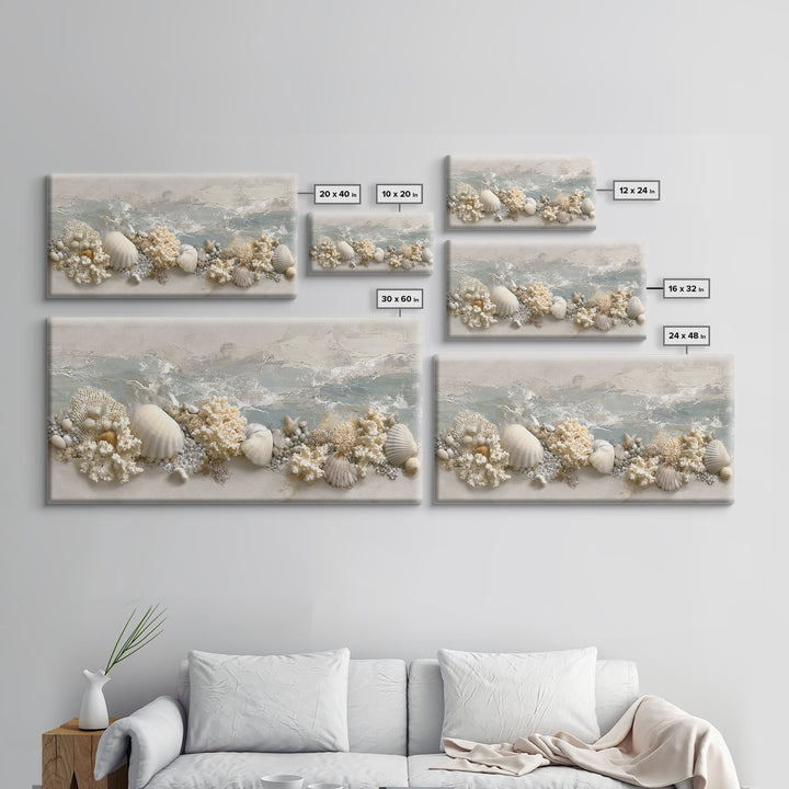 Coral and Shell Arrangement Framed Canvas Print, Bathroom Art, Contemporary Art, Bathroom Decor, Fine Art, Spa, Framed Wall Art, BAT-2x1-7
